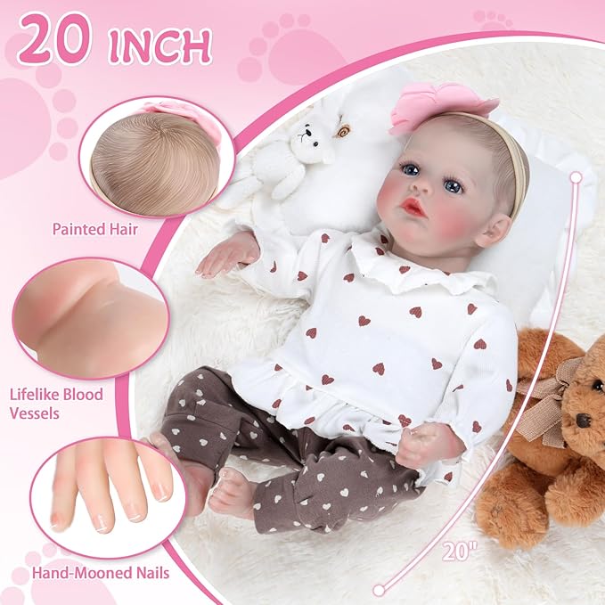 Ktaxon Reborn Baby Doll with 2 Set Clothes, 20-Inch Soft Cloth Body Realistic Baby Doll with All Accessories, Newborn Baby Dolls for 3+ Year Old Girls & Boy (White)