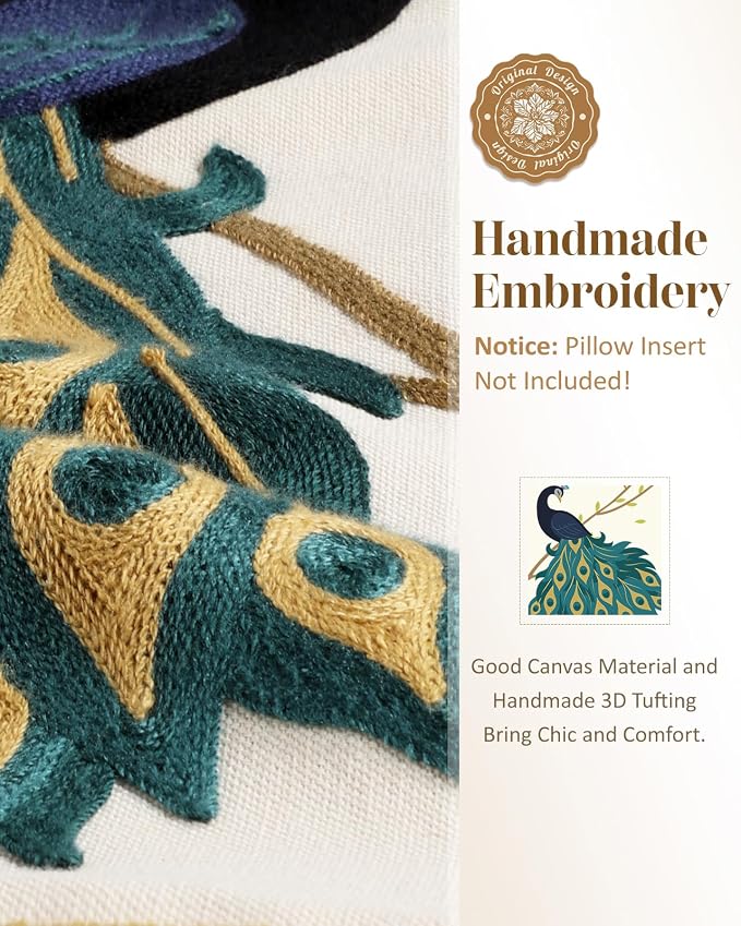 Animal Embroidered Throw Pillow Cover 18x18 Inch, Peacock | Decorative Pillow Cover, Boho Cushion Cases with Hidden Zipper, Country Decor for Couch, Sofa, Living Room, Bedroom