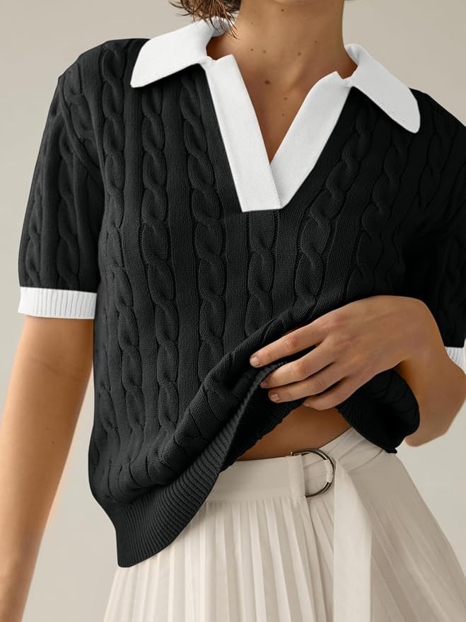 Imily Bela Womens Cable Short Sleeve Sweaters Tops Lapel V Neck Knit Shirt | Solid,Knit Casual,Soft Pullover,Fall Sweaters,Womens Summer Work Tops
