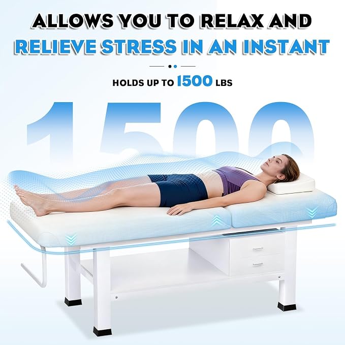 Massage Table with Towel Rack and Storage, 1500lbs Weight Capacity Iron Base Massage Bed Adjustable Backrest for Professional & Home Use, Spa Treatment Table for Relaxation and Therapy, Beige