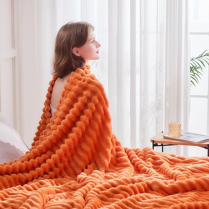 NEWCOSPLAY Super Soft Fall Throw Blanket Orange Premium Silky Flannel Fleece 3D Ribbed Jacquard Lightweight Bed Blanket All Season Use (Orange Ribbed, Throw(50"x60"))