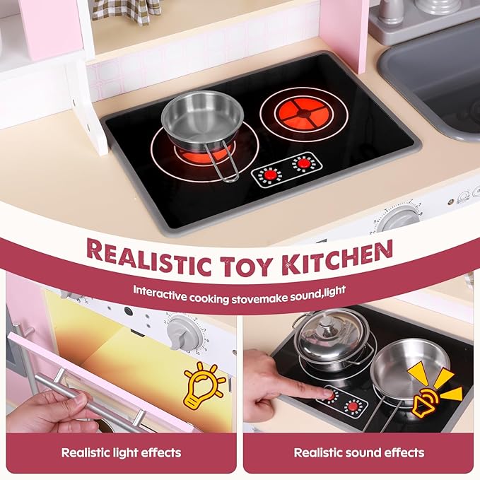 Kids Kitchen playset, Wooden Play Kitchen, Height Adjustable, Comes with Various Kitchen Accessories, Ideal Role Play Toy Gift for Toddlers and Kids Ages 3-8 (Pink)