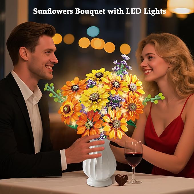 Flowers Sunflower Bouquet Building Set with Lights - 17 Flowers Botanical Collection Artificial Plant Sunflower Building Blocks Art Home Decor Surprise Gifts for Adults Women Girls (1011PCS)