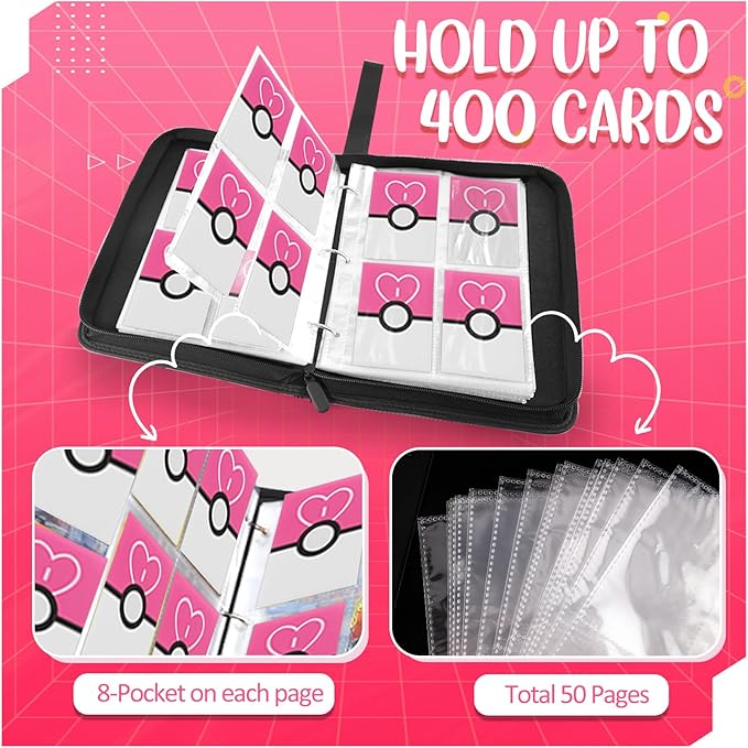 Card Binder 4 Pocket, Trading Card Holder Fits 400 Cards With 50 Removable Sleeves, Portable Collection Card Ablum, Game Card Case book With Zipper for Gift Pink