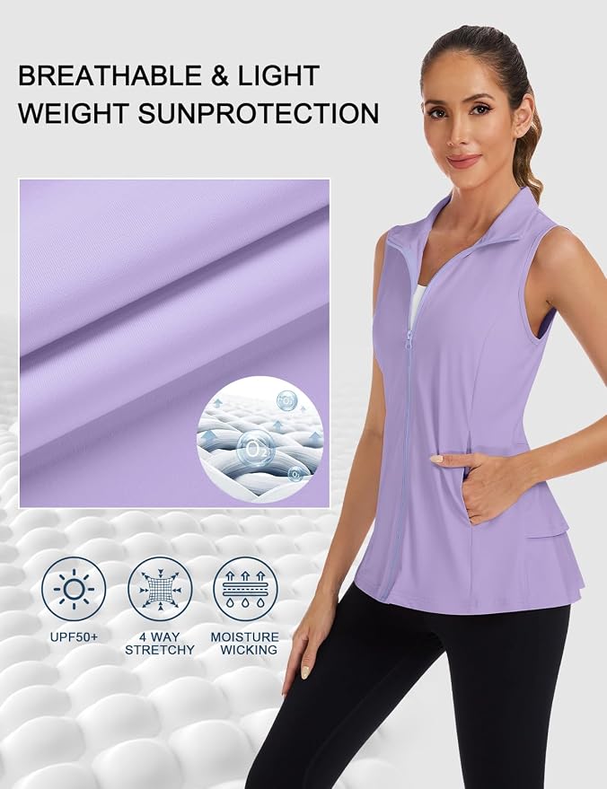 Women's Golf Vest with Pleated Tennis Skirt Hem Lightweight Full Zip Sleeveless Athletic Shirts with Pockets