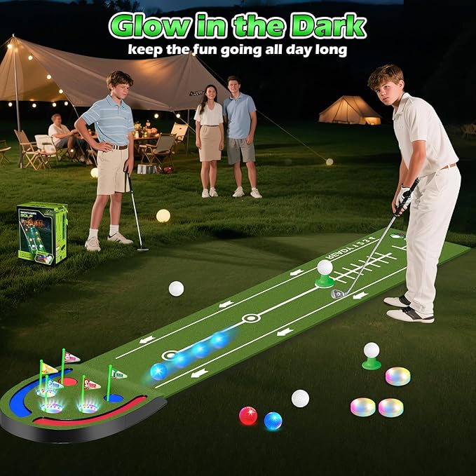 Golf Putting Mat with Light up Holes, Glowing Golf Balls, Practice Putting Green with 2 Clubs, Toy Golf set,Golfing Practice Mats,Training Mat Indoor Outdoor,Sport Game for Kids Adults Family