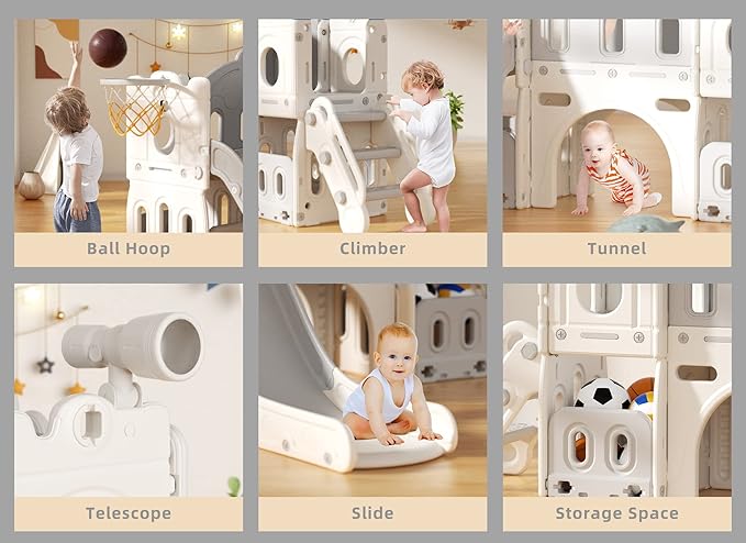 YUFU 8 in 1 Kids Slide for Toddlers Age 1-3, Kids Playset with Basketball Hoop and Ball, Indoor Outdoor Playground