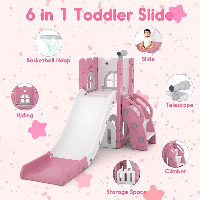 6 in 1 Toddler Slide Playset, Kids Indoor Outdoor Playground with Basketball Hoop,Storage and Telescope,Toddler Climber Slide Activity Center