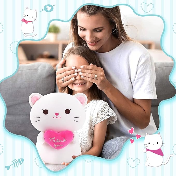 Achwishap Cat Stuffed Animal-Thank You Cat Plush,14” Cats Plush Toys Birthday Gifts for Kids,Cute Plushies Soft Kitten Plushies Kawaii Stuffed Huggging Pillow,Gratitude Animal Pillow for Adults,White