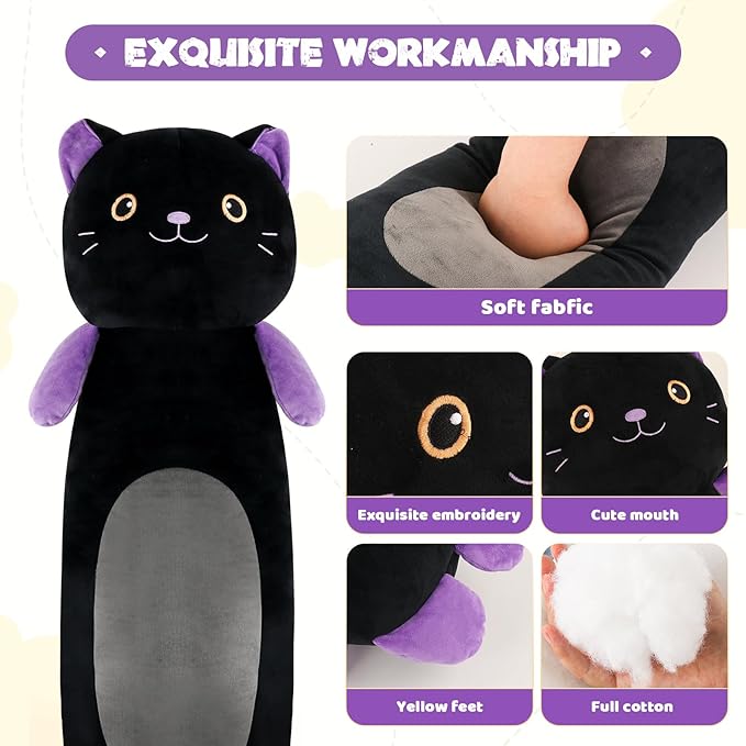 22” Long Cat Plush Body Pillow, Cute Black Cat Stuffed Animals, Lucky Kitty Squishy Soft Plushies Toy, Gifts for Kids Girls and Boys, Birthdays ﻿Easter