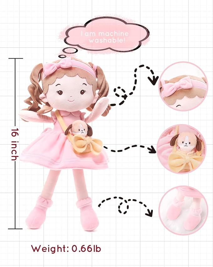LeyaDoll Soft Baby Doll Toys (16''), My First Baby Rag Doll for 1 Year-Old Girl Birthday Gift, Christmas Plush Toys Gift for Toddler Kids Infants-Daydream-Mia-and-Her-Pet-Dog