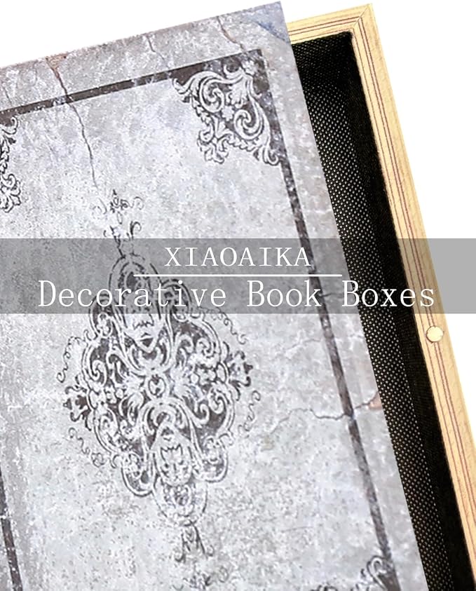 Wooden Book Box Set of 3 with Magnetic Closure and Grey Vintage Leather Cover, Non-Woven Fabric Interior, Decorative Secret Storage for Bookshelves and Home Office