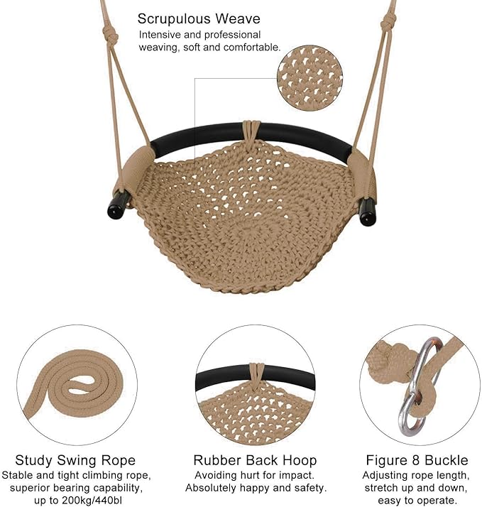 JKsmart 2 Pack Kids Swing Seat, Heavy Duty Rope Play Secure Children Swings Set, Toddler Swing Chair for Outdoor/Indoor/Playground/Home/Tree, with Snap Hooks and Straps,440 lbs Capacity, Brown