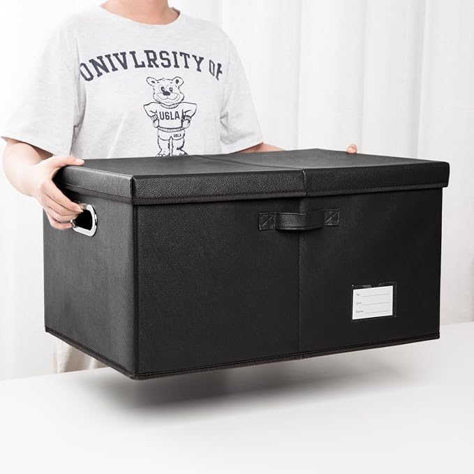 Collapsible Storage Box with Lid [1-Pack] Leather Fabric Foldable Storage Bin Organizer Container Basket Cube with Cover for Home Bedroom Closet Office Nursery Black (22.8X15.7X11.8)