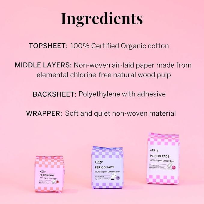 Pixie Organic Pads Ultra Thin Mini Cotton for Teens - Liners with Wings - Light Absorbency Menstrual Pads - Hypoallergenic, Unscented & Biodegradable for Feminine Care - FSA Eligible - 16 Count