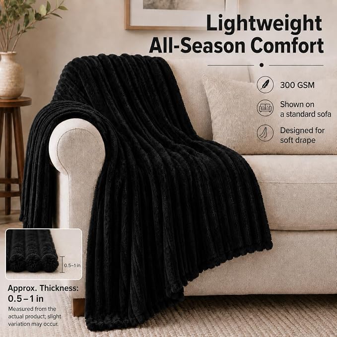 HIMEET Black Throw Blanket for Couch, 300GSM Ribbed Fleece, 50 x 60 Inches | Ultra Soft Flannel, All-Season Lightweight Warmth, Home Room Decor & Dorm Essential, Gift for Men & Women, Machine Washable