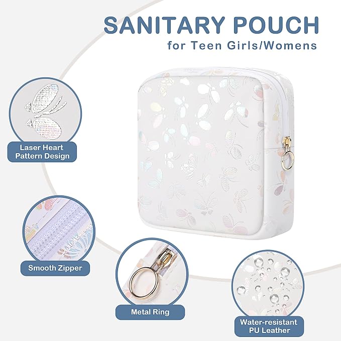 Likesing Period Bag Pouch, Leather Sanitary Napkin Storage Bag for Womens, Portable Sanitary Napkin Period Pad Pouch Bag for Purse, Small Make Up Bags(Black Butterflies)