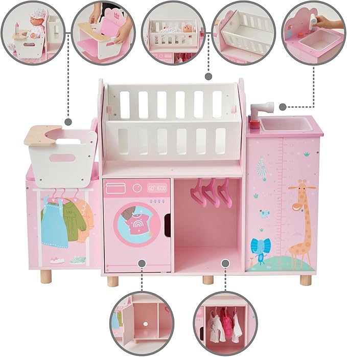 Olivia's Little World Amanda 6-in-1 Wooden Doll Nursery Station with Rocking Cradle, High Chair, Storage, Washing Machine and Sink - for 3 yrs and up, Pretend Play House, Daycare - Pink/Multi