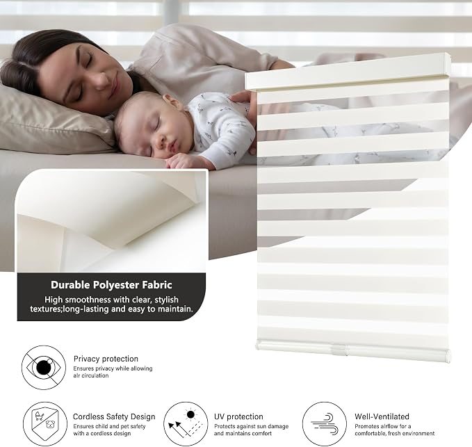AOSKY Cordless Zebra Blinds for Windows Pull Down Roller Window Shades Dual Layer Light Filtering Privacy for Day and Night, Free-Stop Door Shades for Home Easy to Install (29" W X 72" H, Beige)