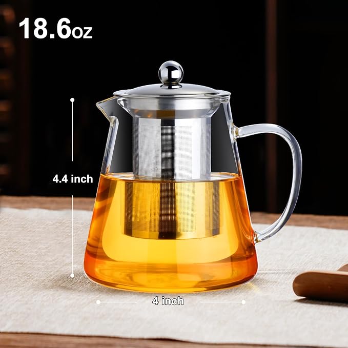 Baalaka Glass Teapot 18.6oz/550ml, Tea Pot with Removable Infusers for Loose Tea, Borosilicate Glass Tea Kettle Tea Maker Stovetop for Camping, Tea Infuser for Loose Leaf Tea Travel