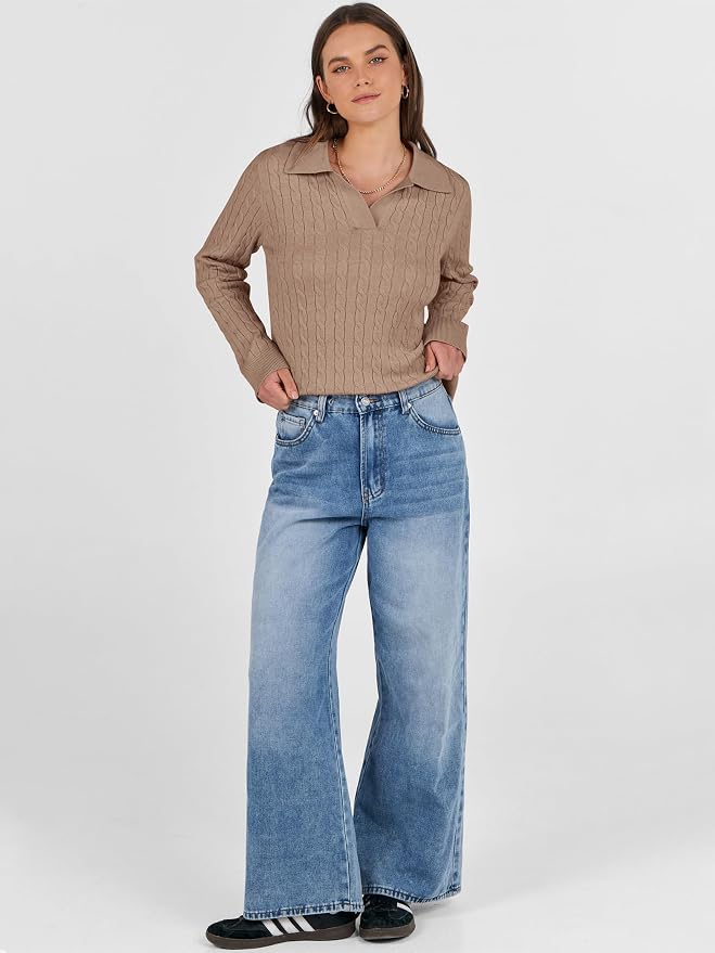 ANRABESS Womens Cable Knit Sweaters Long Sleeve V Neck | Pullover Collared Sweater Tops, Polo Knit Shirts, Business Casual Work, Tennis Golf, Fall Winter Fashion Outfits