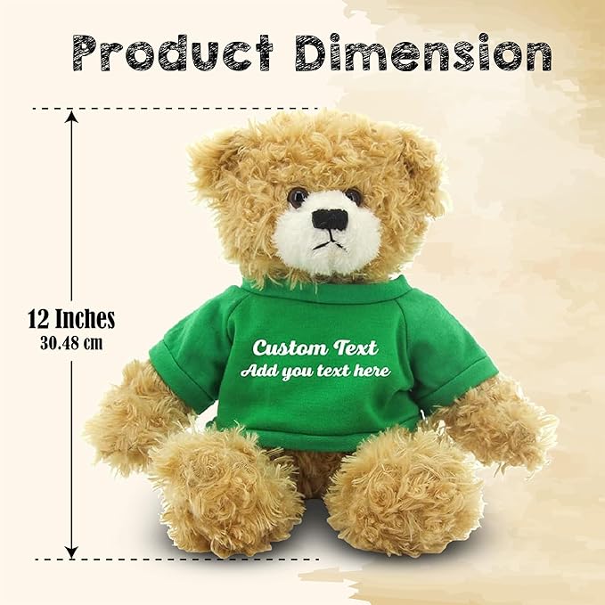 Customized Beige Brandon Bear - 12 inch Personalized Stuffed Bear Plush Toy - Perfect Custom Shirt Bear Gift for Graduation Valentines Graduation Easter Holidays (Kelly Greeen Shirt)