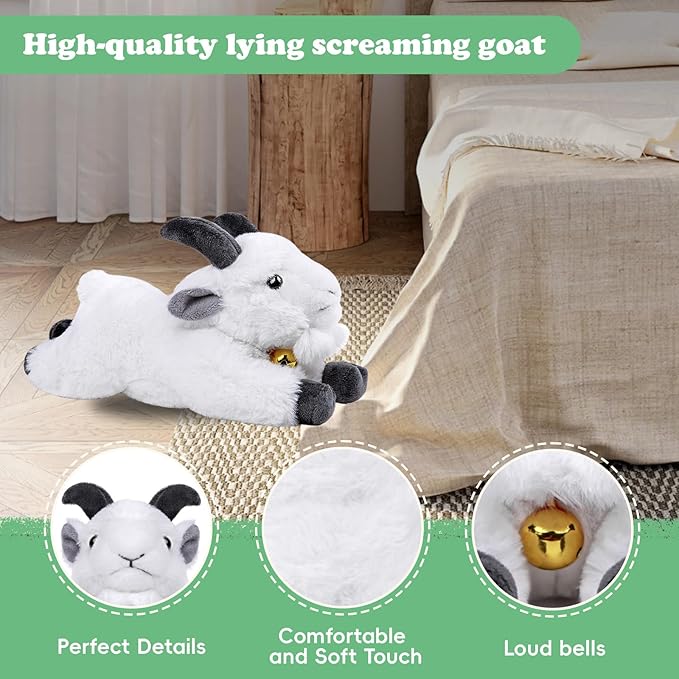 Screaming Lying White Goat with Bell Plush Animal Toy 11in, Realistic Screaming Goat Plush Toy, Cute and Funny White Goat Animal Plushies Model Gift Collection for Kids