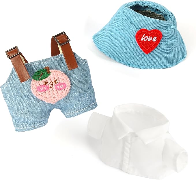 3-Piece Doll Clothes for Labubu & 17cm Dolls – Stylish Fisherman Hat Set, Kawaii Doll Outfits with Accessories for Collectors or Display - Blue Peach (No Dolls)