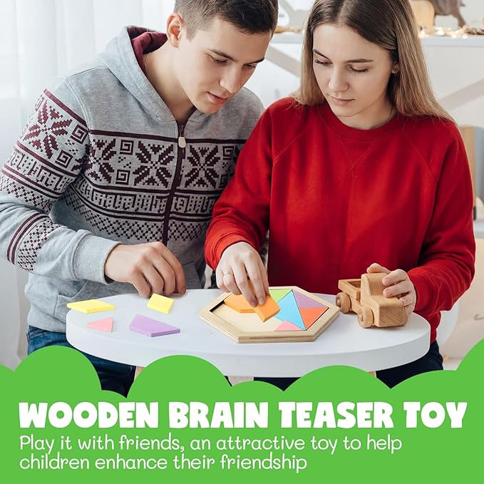 Yunsailing 3 Pack Hexagon Tangram Puzzle Wooden Brain Puzzles with Storage Bag Challenge Wood Russian Blocks Brain Teasers Geometric Jigsaw Block Logic Iq Stem for Family Party Gift