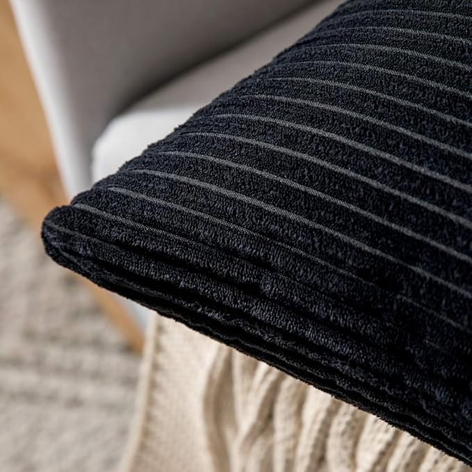 MIULEE Decorative Corduroy Throw Pillow Covers Set of 2 18x18 Black | Soft Striped Textured Cushion Cases, Boho Modern Square Pillowcases for Home Decor, for Couch Chair Sofa Bed Living Room