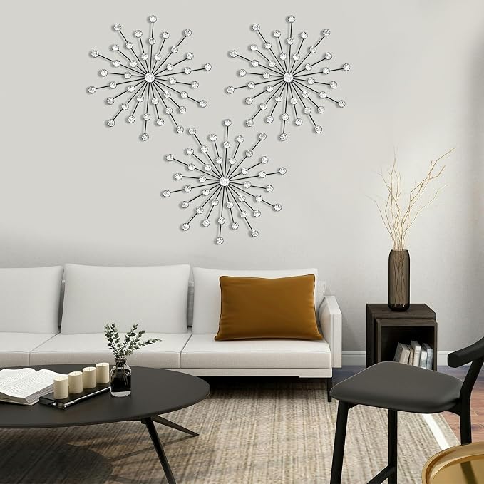 ZEXUIRU 3 Set Black Starburst Wall Art for Home Decor Metal Bling Crystal Rhinestones Sunburst Wall Decor Sparkling Rhinestone Art Accent Black - 13in