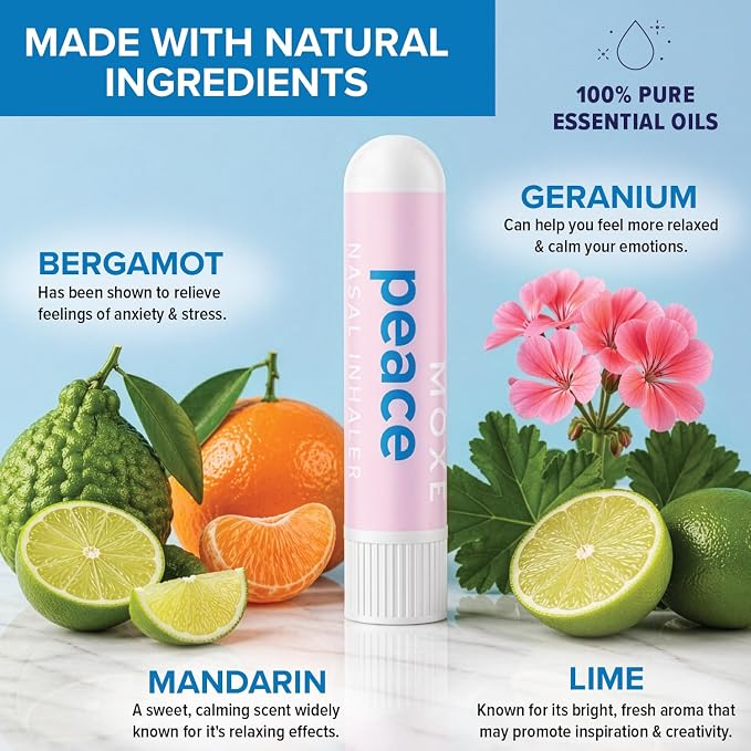 MOXE Peace Nasal Inhaler, Calming Essential Oil Blend, Helps Relaxation and Meditation, Soothing Fragrance, Bergamot, Mandarin, Geranium, Lime, Made in USA (1 Pack)
