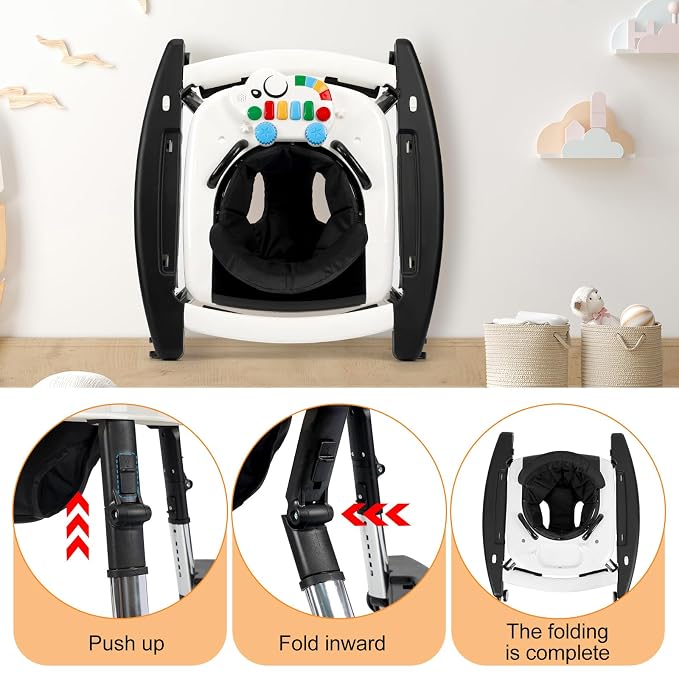 5-in-1 Baby Walker for Boys and Girls Music and Lights 6-18 Month, Foldable Baby Walkers with 5 Adjustable Heights, Infant Toddler Walker with Wheels and Combo Portable(Black)