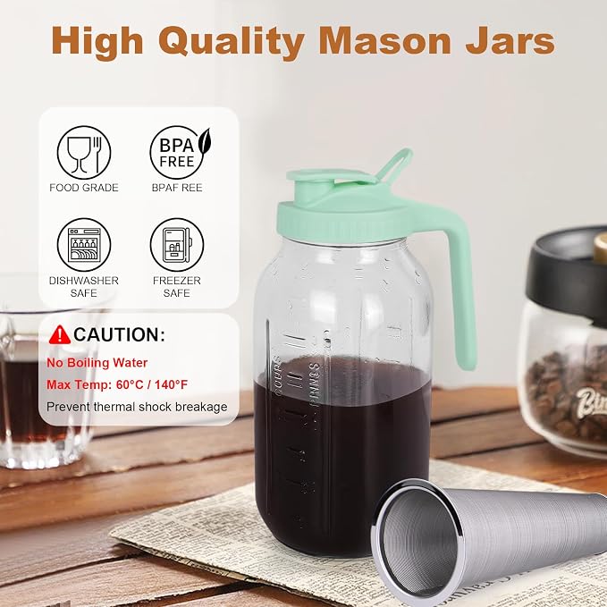 Cold Brew Coffee Maker，64 oz Wide Mouth Mason Jar Pitcher with Stainless Steel Filter, Pour Spout Handle Lid, Heavy Duty Glass Airtight & Leak-Proof for Iced Coffee Tea & Lemonade-Green