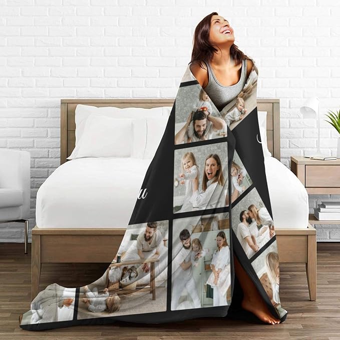 Custom Blanket with Picture Text, Personalized 10 Photo Blanket, HD Printing Customized Flannel Throw Blanket Gifts for Mom Dad Couple Girlfriend Boyfriend Wife Husband Christmas