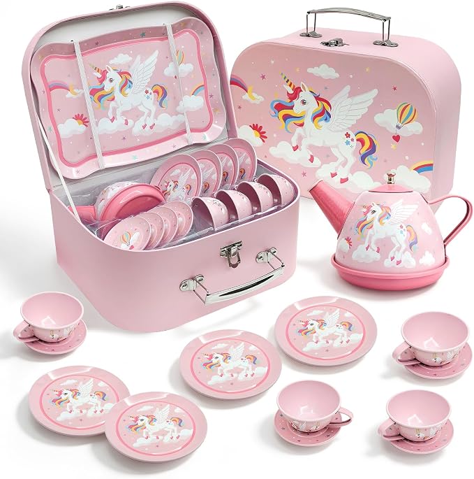Dreamy Unicorn Tea Party Set for Little Girls Ages 3-6, 15-Piece Pretend Play Kitchen Toys with Teapot, Cups, Plates & Storage Case, Princess Gift Set