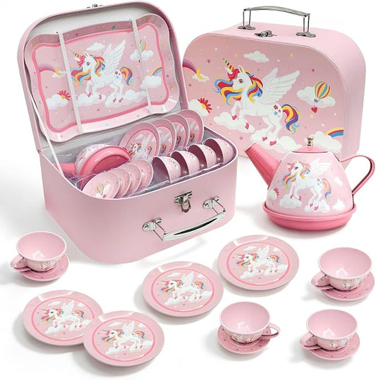Dreamy Unicorn Tea Party Set for Little Girls Ages 3-6, 15-Piece Pretend Play Kitchen Toys with Teapot, Cups, Plates & Storage Case, Princess Gift Set