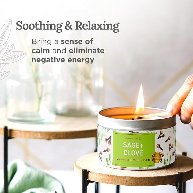 MAGNIFICENT 101 Sage & Clove Aromatherapy Candle - 6 Oz White Soy Wax - 35-Hour Burn Time - Long Lasting Sage & Energy Cleansing - Manifestation & Spiritual Decor