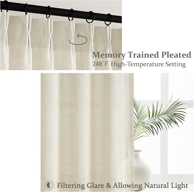 Light Filtering Thick Linen Viral Curtains 102 Inches Long for Living Room, Light Cream Pinch Pleat Semi Sheer Privacy Curtain That Let Light in with Hooks Back Tab for Sunroom/Office Window Drapes