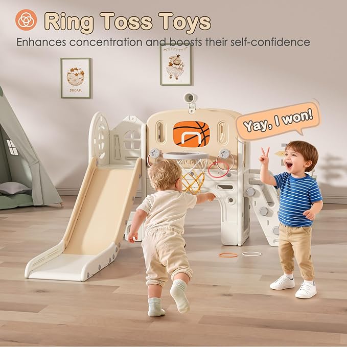 BIERUM 9 in 1 Toddler Slide Set, Baby Slide for Toddlers 1-3 with Ring Toss and Basketball Hoop, Indoor Outdoor Toddler Playset Playground Beige Coffee