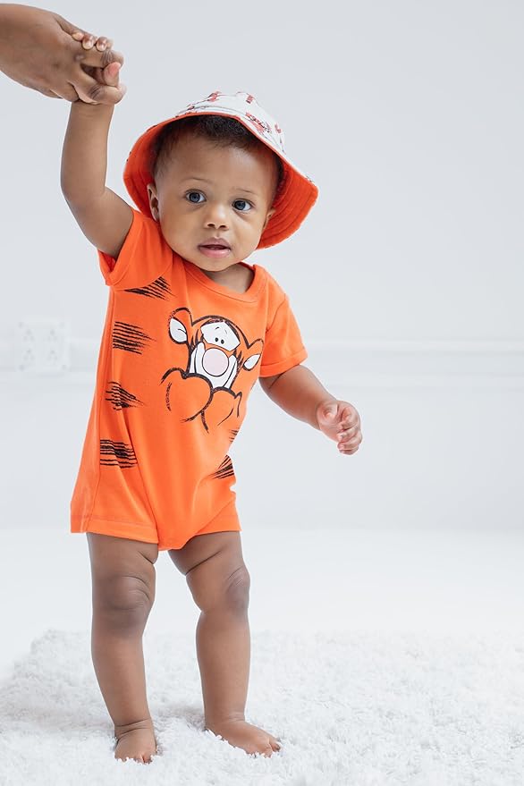 Disney Baby Romper and Reversible Bucket Sun Hat Outfit Set Newborn to Infant Sizes (Newborn - 24 Months)