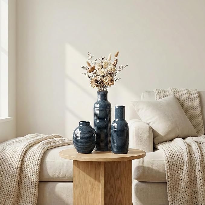 Ceramic Blue Vase Set of 3 - Small Waterproof Vases for Home Décor | blue ceramic vases - Pampas Grass Dried Fresh Flowers - for Centerpiece, Coffee Table, Mantel Entryway, Living Room, Bedroom