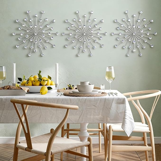 ZEXUIRU 3 Set Silver Starburst Wall Art for Home Decor Metal Bling Crystal Rhinestones Sunburst Wall Decor Sparkling Rhinestone Art Accent Silver - 18in