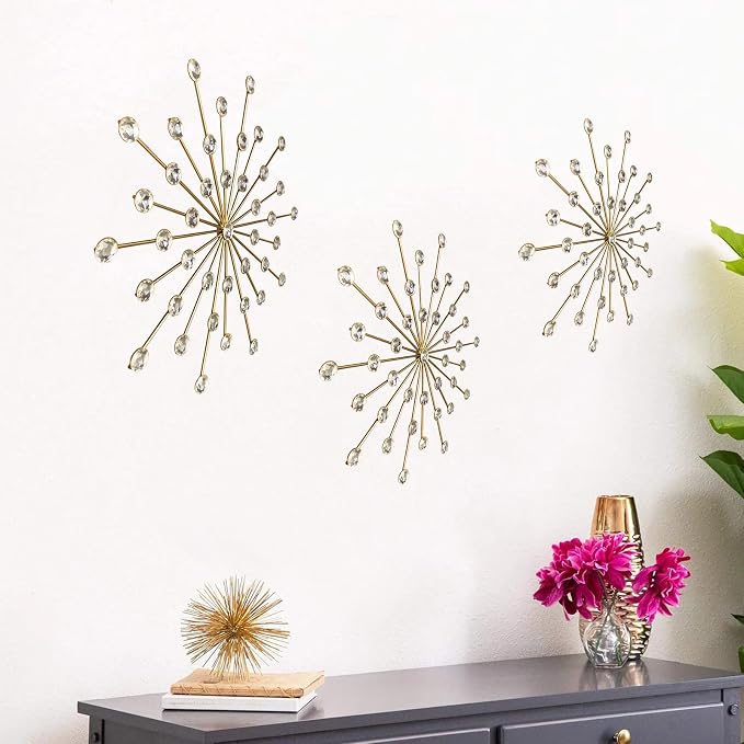 ZEXUIRU 3 Set Gold Starburst Wall Art for Home Decor Metal Bling Crystal Rhinestones Sunburst Wall Decor Sparkling Rhinestone Art Accent Gold - 18in