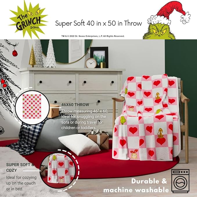 Grinch Checkered Heart Bedding Super Soft Silk Touch Throw, 40 in x 50 in, (Officially Licensed Product) by Franco Collectibles