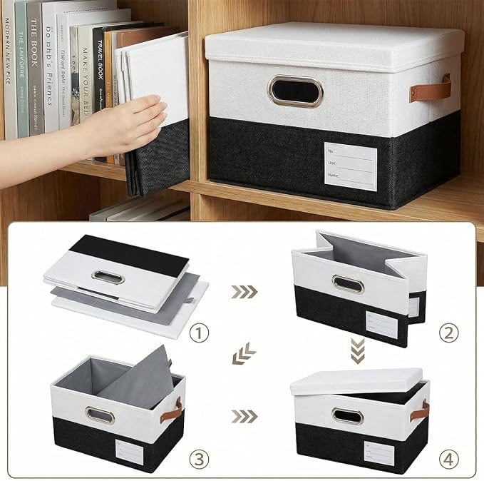 Storage Bins with Lids [3-Pack] Linen Fabric Foldable Storage Boxes Organizer Containers Baskets Cube with Cover for Bedroom Closet Office Black & White（11.4X8.6X6.7