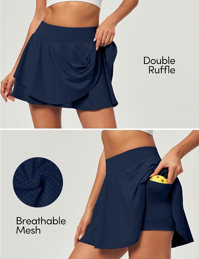 IUGA Tennis Skirt Pleated Skorts for Women with Pockets Skirts for Women | Double Ruffle Skort , Built-In Shorts, 2 Pockets, Tummy Control Breathable, Quick-dry, for Golf, Athletic, Running, Workout