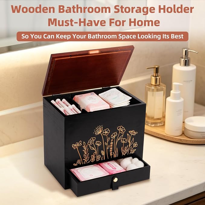 2-Layer Solid Wood Tampon Box Storage Organizer, 100% Wood Bathroom Feminine Accessories Holder with Drawer, Dual-Compartment Holder for Pads, Tampons, & Liners, Gold Floral, Gifts for Women