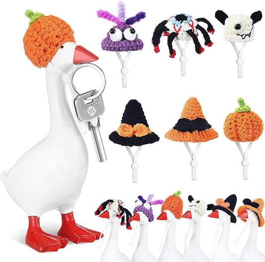 Geyoga 6 Pcs Mini Knitted Hats 7 Inch Goose Outfits Hat with Adjustable Strap Mini Porch Goose Headwear for Statue Key Holder
