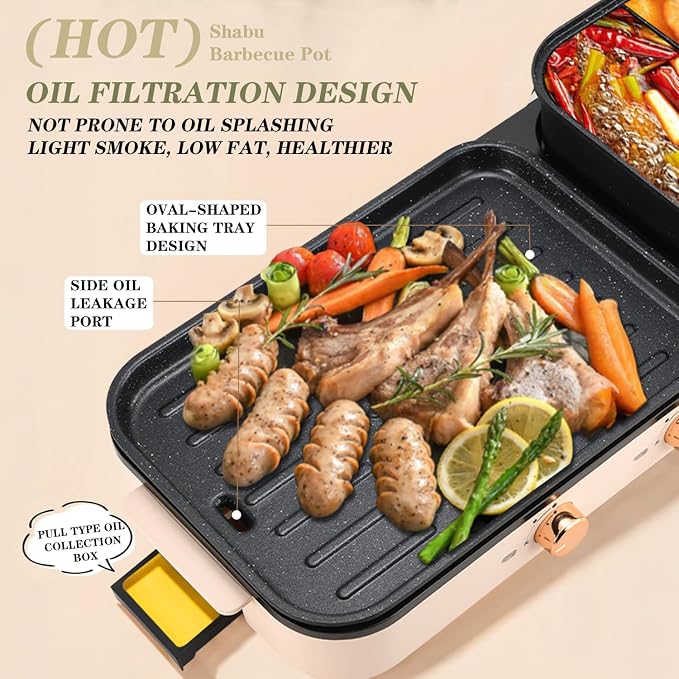 2026 Electric Hot Pot with Grill,2-10 People Indoor Hot Pot 2 in 1 Multi-function Smokeless Shabu-Shabu Hotpot Korean BBQ Grill for Simmer,Separate Dual Temperature Contral